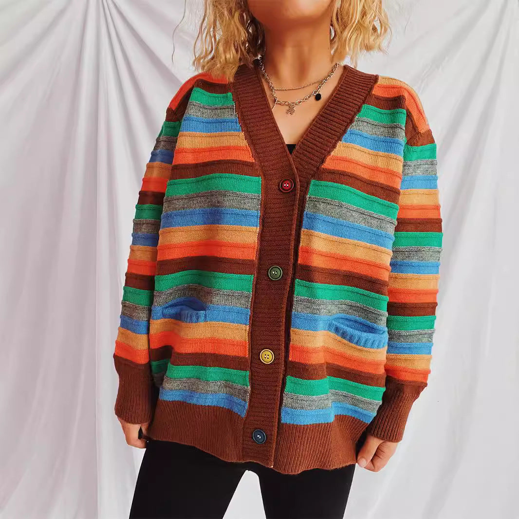 Damen Strickjacke mit buntem Streifenmuster und knöpfbarem Design Drune