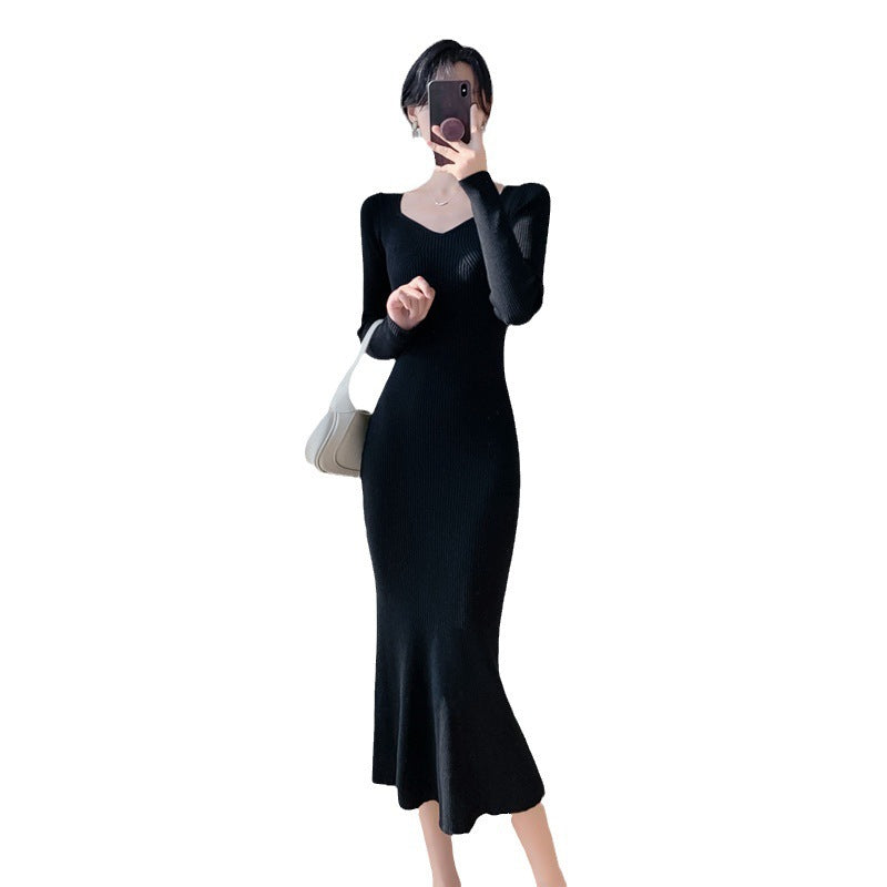 Damen_maximaler_Rippenstrick_Midi-Kleid_Drune