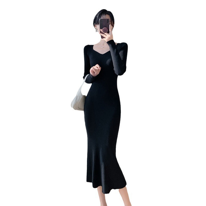 Damen_maximaler_Rippenstrick_Midi-Kleid_Drune