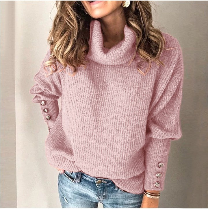Damen Grobstrickpullover mit hohem Kragen und dekorativen Knopfdetails Drune