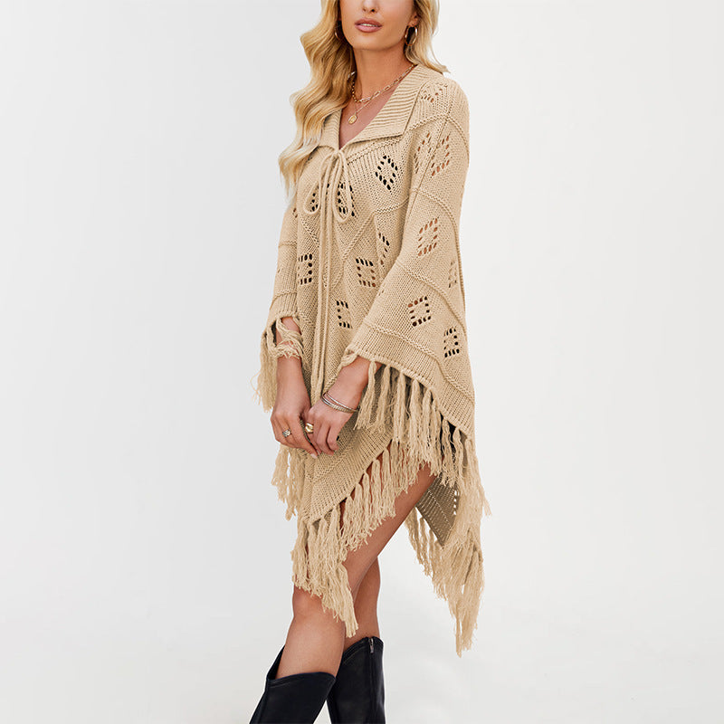 Damen Eleganter Strickponcho mit Fransen und Lochmuster Drune
