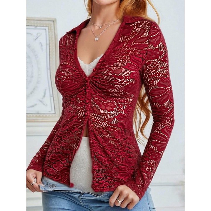 Damen Transparente Spitzenbluse mit knöpfbarem Ausschnitt und langem Arm Drune