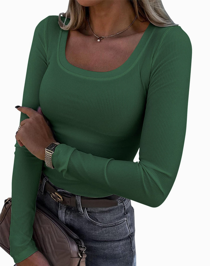 Damen Langarm Ripp-T-Shirt mit elegantem U-Boot-Ausschnitt Drune