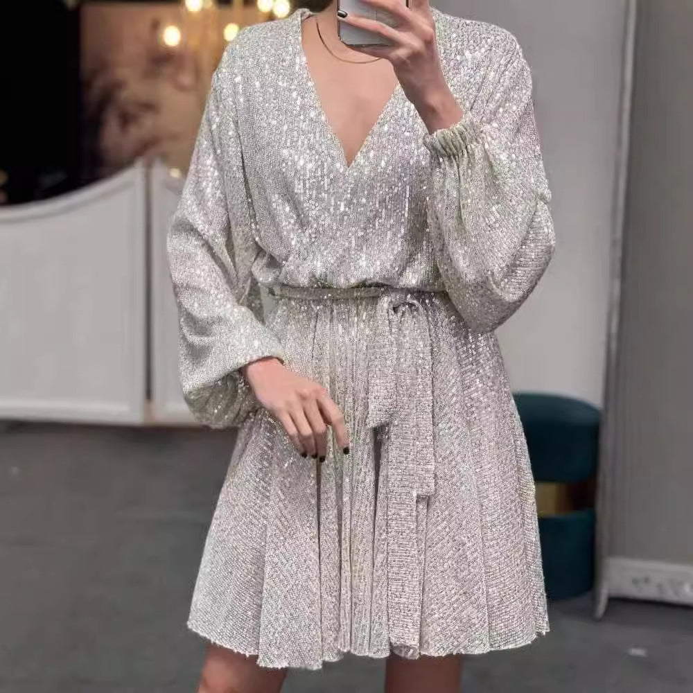 Damen funkelndes Cocktailkleid mit V-Ausschnitt und Taillengürtel Drune