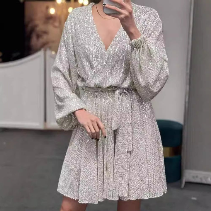 Damen funkelndes Cocktailkleid mit V-Ausschnitt und Taillengürtel Drune