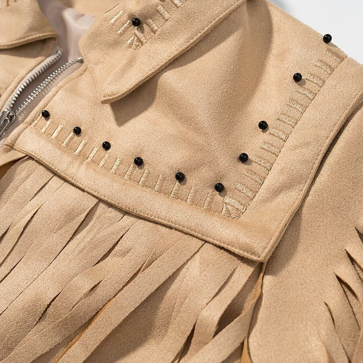 Damen Fransenjacke mit dekorativen Nieten und Reißverschluss Drune