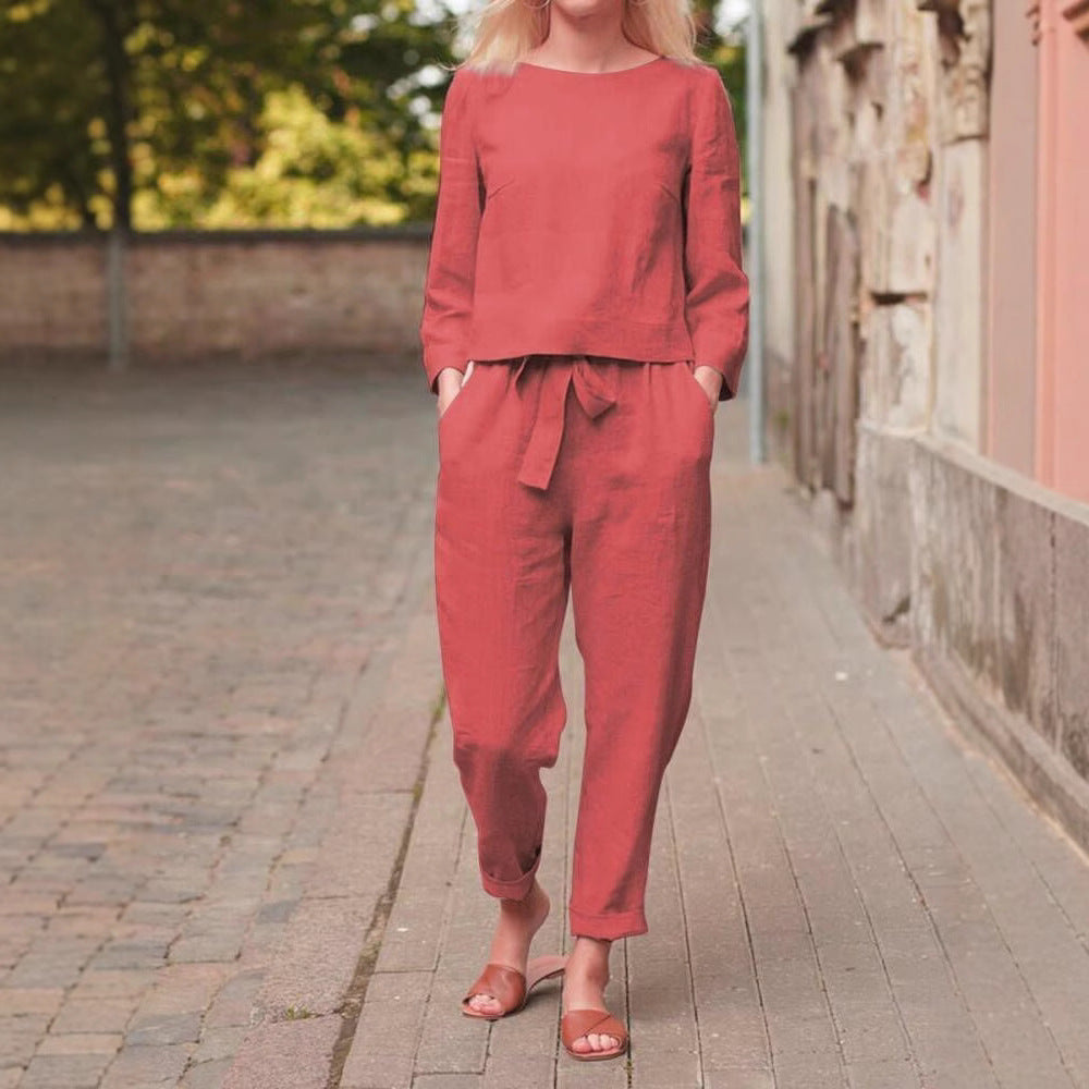 Damen Zweiteiliges Leinen-Set mit modischem Oberteil und komfortabler Hose Drune