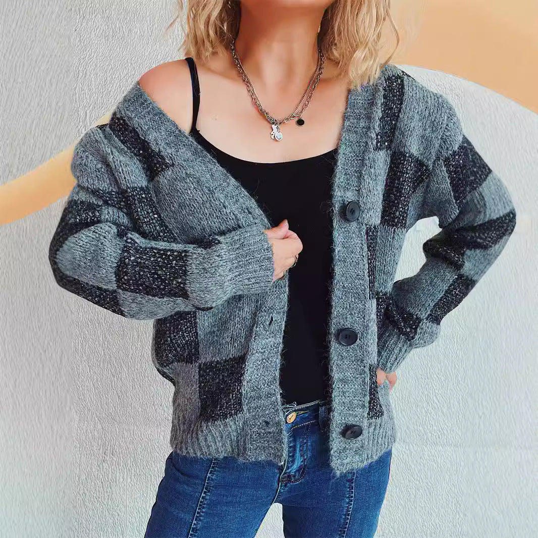 Damen lässige Strickjacke mit modernem Karomuster und hochwertigen Knopfdetails Drune