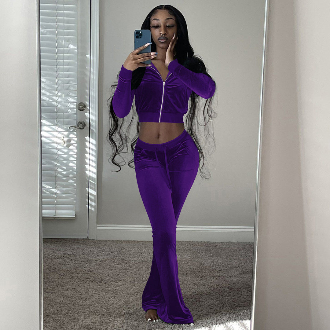 Damen Velours Tracksuit mit Zip-Front und weit geschnittener Hose Drune