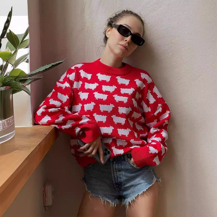 Damen Gemütlicher Pullover mit kreativem Schafe-Muster Drune