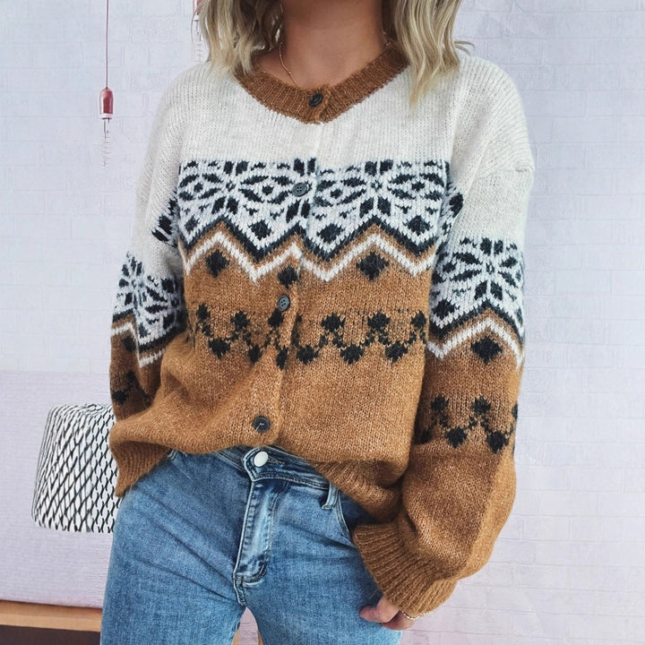 Damen kuschelige Strickjacke mit großem Muster und hochwertiger Verarbeitung Drune