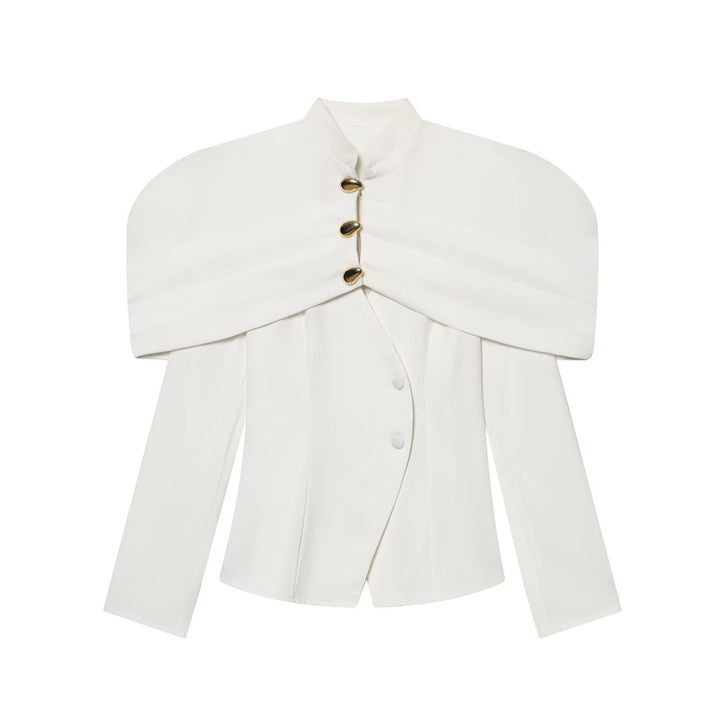 Damen elegante Blazerjacke mit übergroßen Schulterklappen und goldenen Knopfdetails Drune