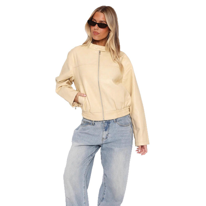Damen Kunstleder Jacke mit elastischem Bund und hohem Stehkragen Drune