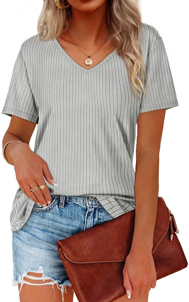 Damen Viskose T-Shirt mit feinem Rippstrickmuster und lässigem V-Ausschnitt Drune