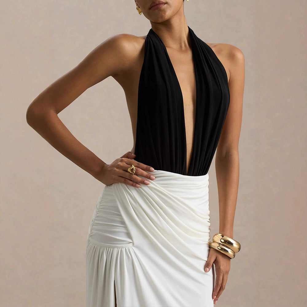 Damen Elegantes Maxikleid mit tiefem V-Ausschnitt und gerafftem Rock Drune