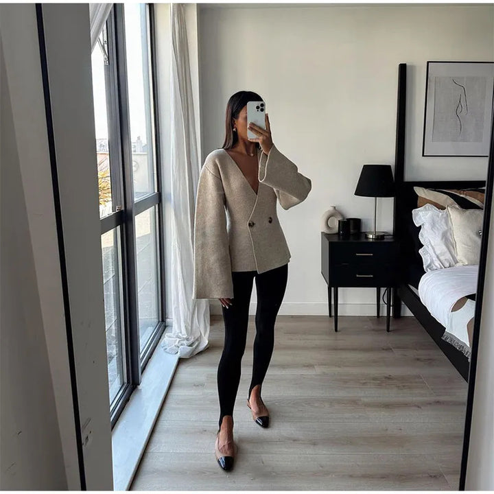 Damen Trendige Strickjacke mit asymmetrischem Schnitt und großen Knöpfen Drune