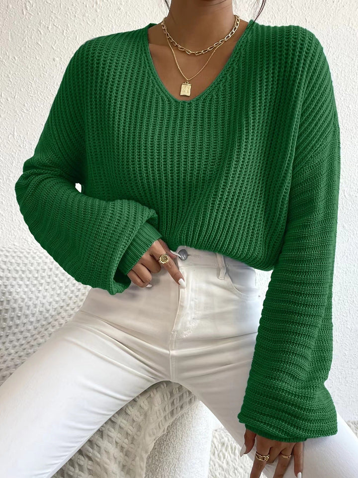 Damen V-Pullover mit weiten Ärmeln und strukturiertem Strickmuster Drune