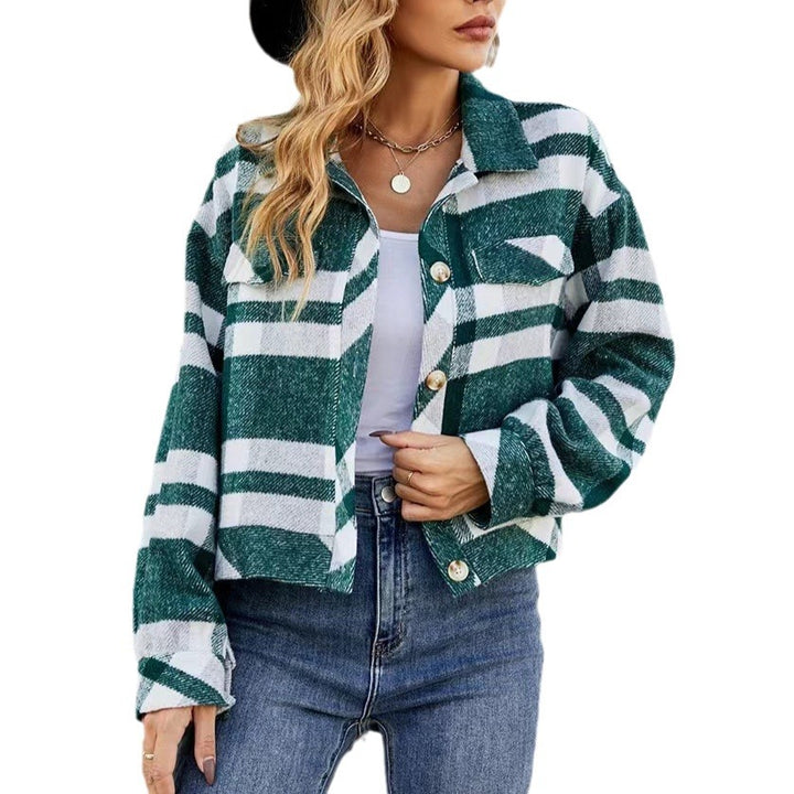 Damen Karierte Utility-Jacke mit voluminösen Ärmeln und Knopfleiste Drune