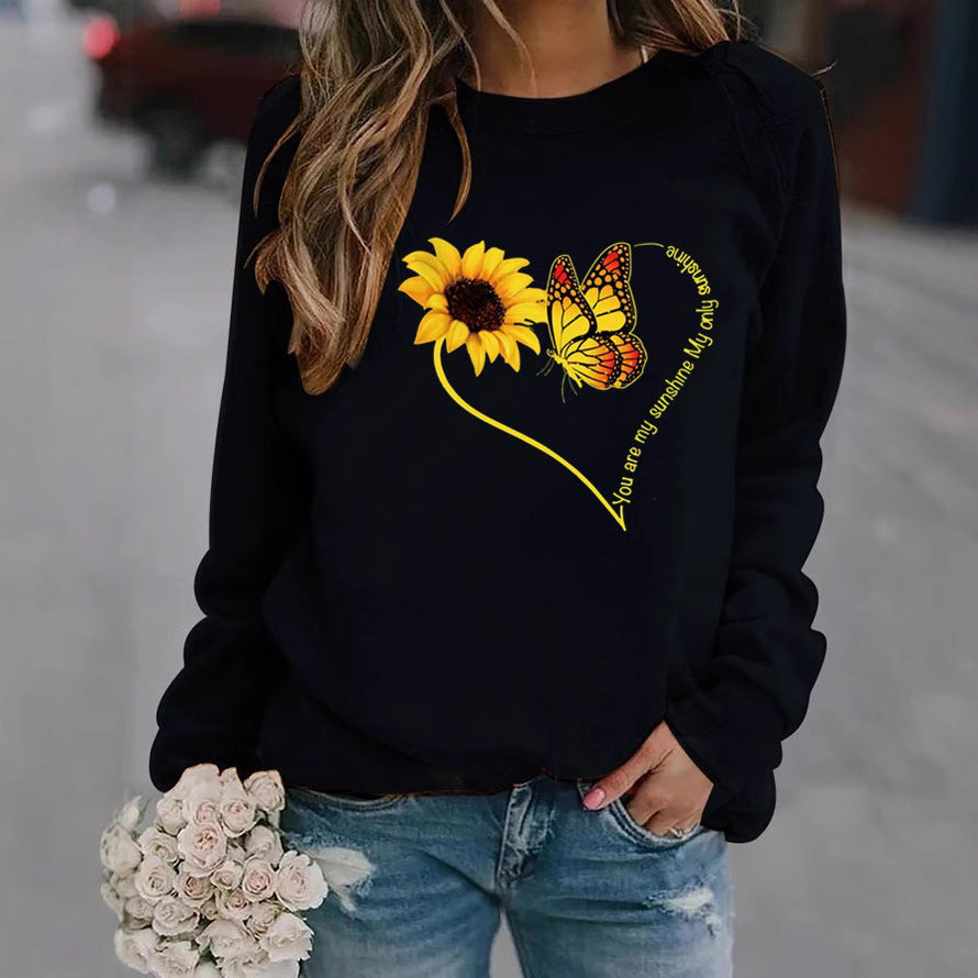 Damen Sweatshirt mit grafischem Schmetterlings- und Sonnenblumenmotiv Drune