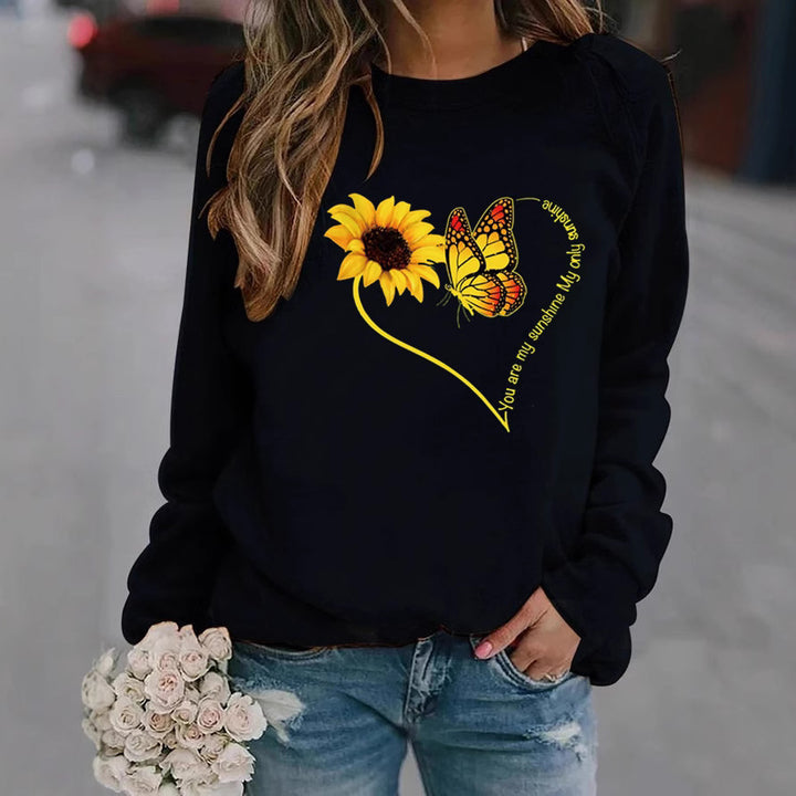 Damen Sweatshirt mit grafischem Schmetterlings- und Sonnenblumenmotiv Drune