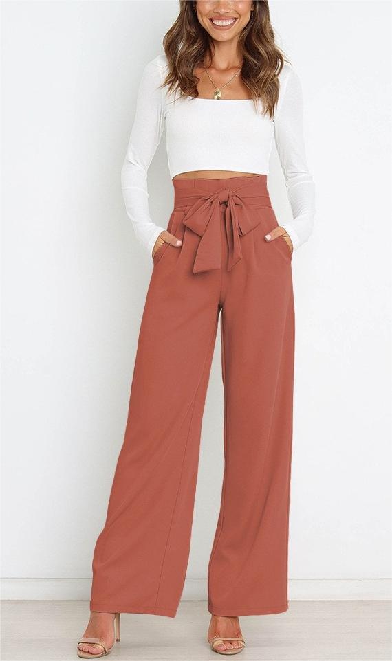 Damen elegante Hochbundhose mit Bindegürtel und weitem Bein Drune