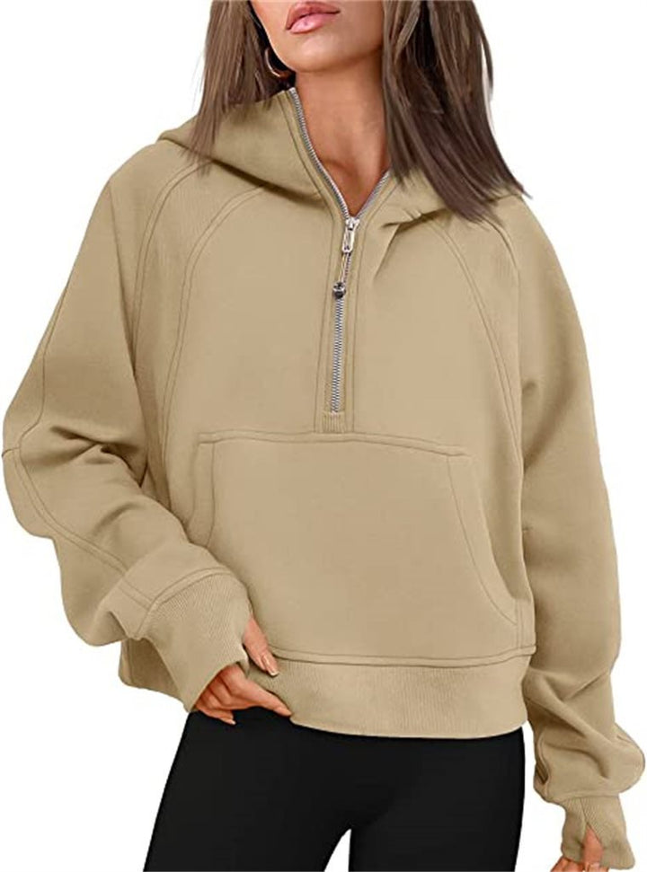 Damen Kapuzenpullover mit halbem Reißverschluss und praktischer Kängurutasche Drune