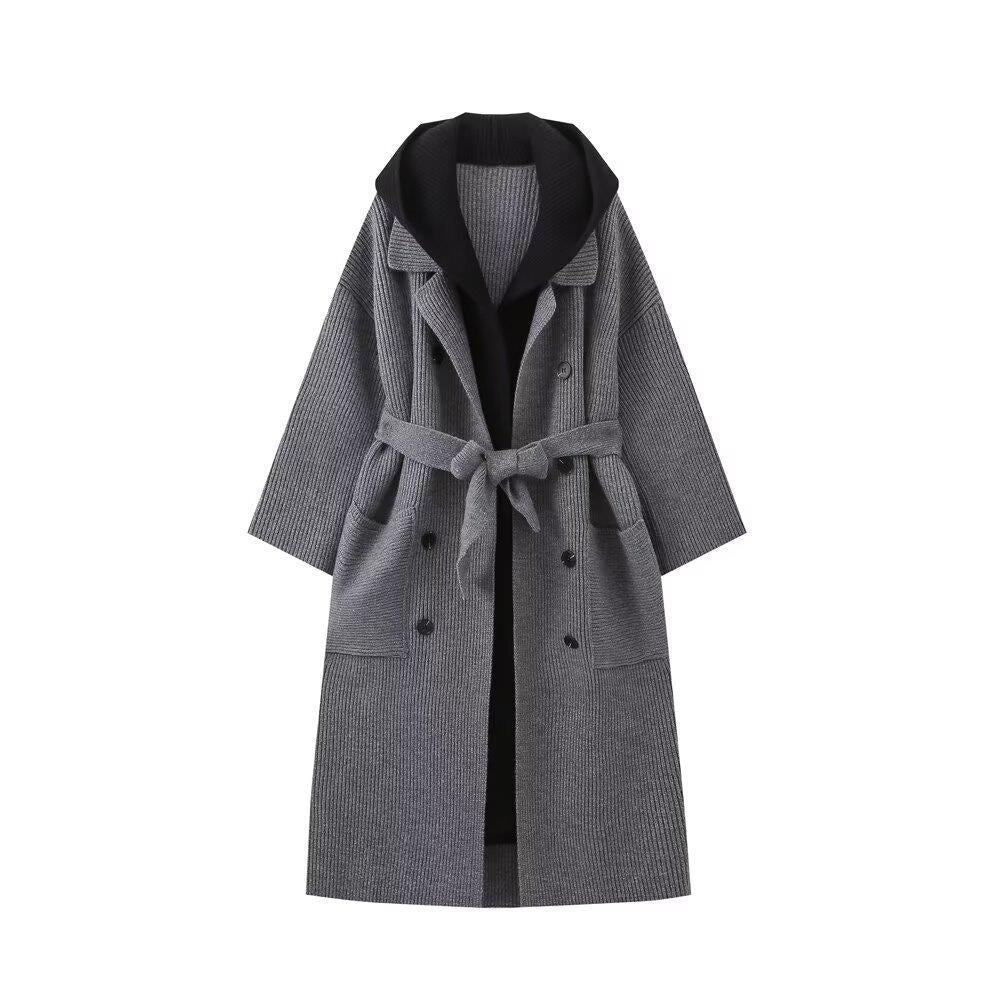 Damen lässiger Longcardigan mit bindbarem Taillengürtel und zweilagigem Kragen Drune