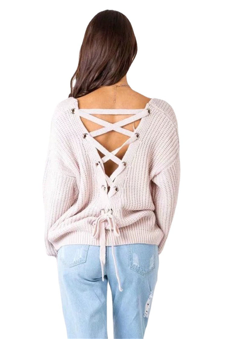Damen Strickpullover mit verziertem V-Ausschnitt und Kordelzug Drune