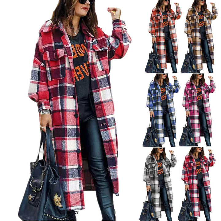 Damen Langarm-Wolljacke mit Karomuster und praktischen Taschen Drune