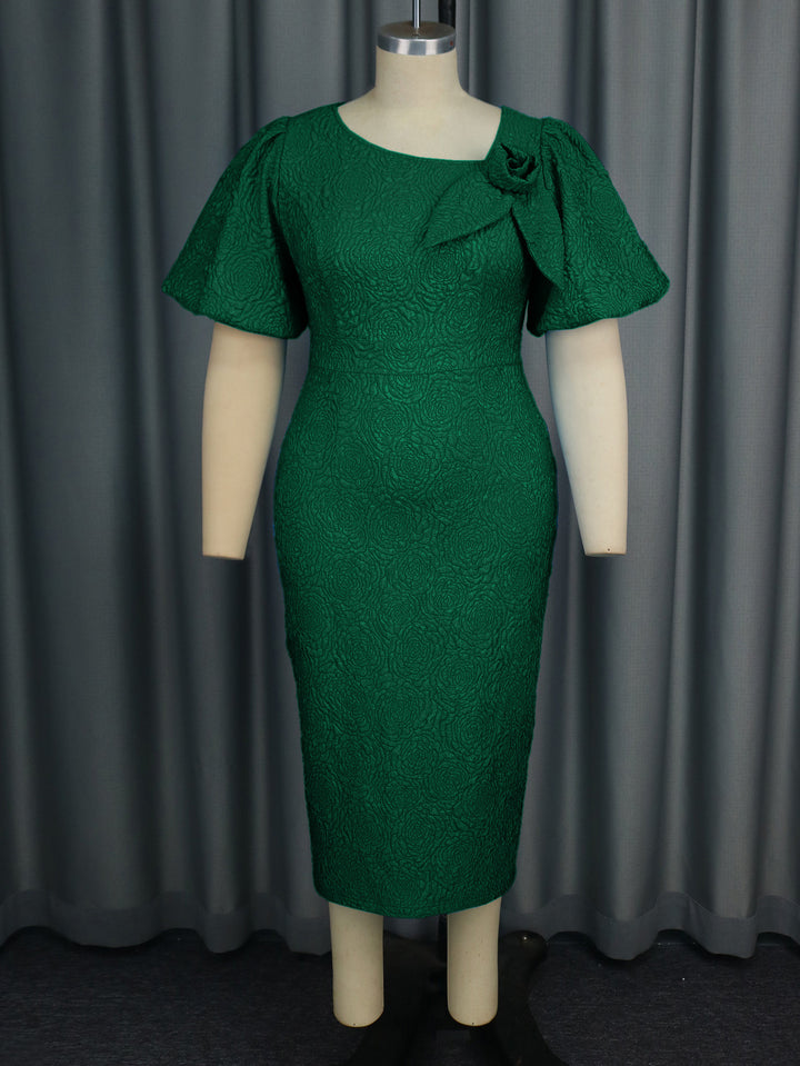 Damen elegantes Etuikleid mit fließenden Puffärmeln und Blumenapplikation Drune