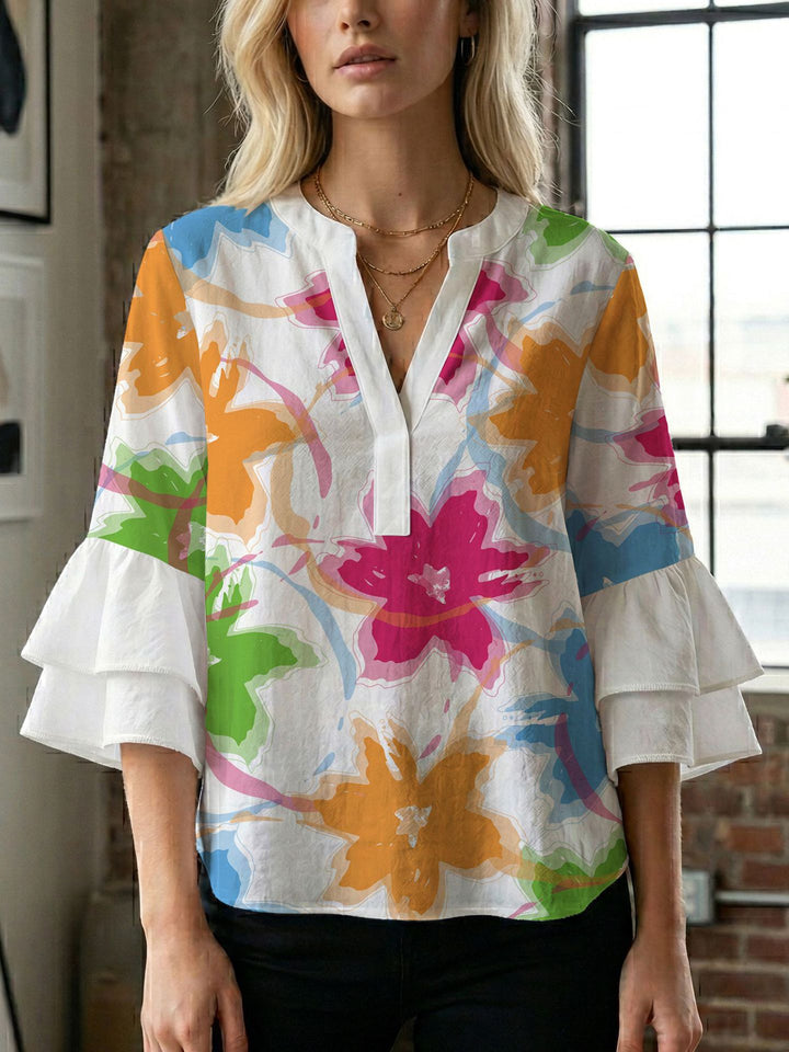Damen Blusenshirt mit voluminösen Ärmeln und kreativem Druckdesign Drune