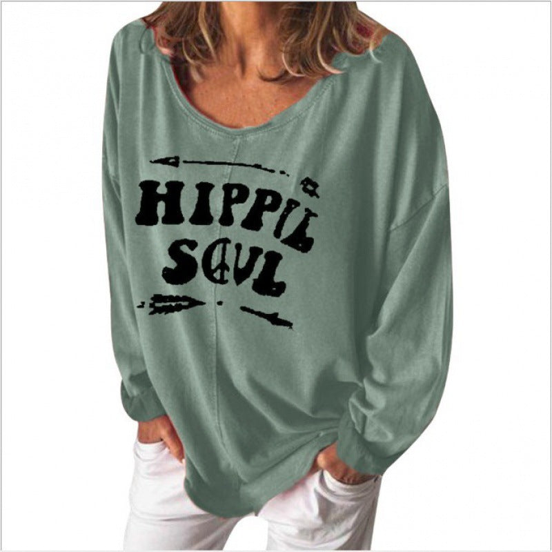 Damen lässiges Sweatshirt mit Hippie-Print und weitem Schnitt Drune