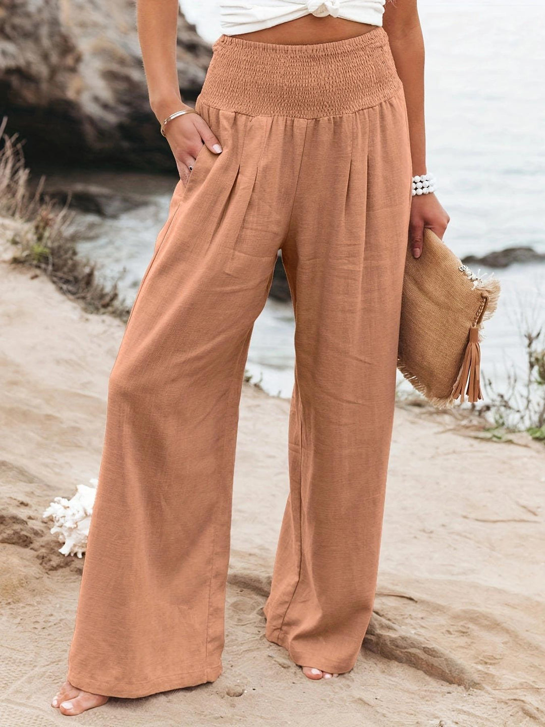 Damen Weite Leinenhose mit elastischem Bund und praktischen Taschen Drune