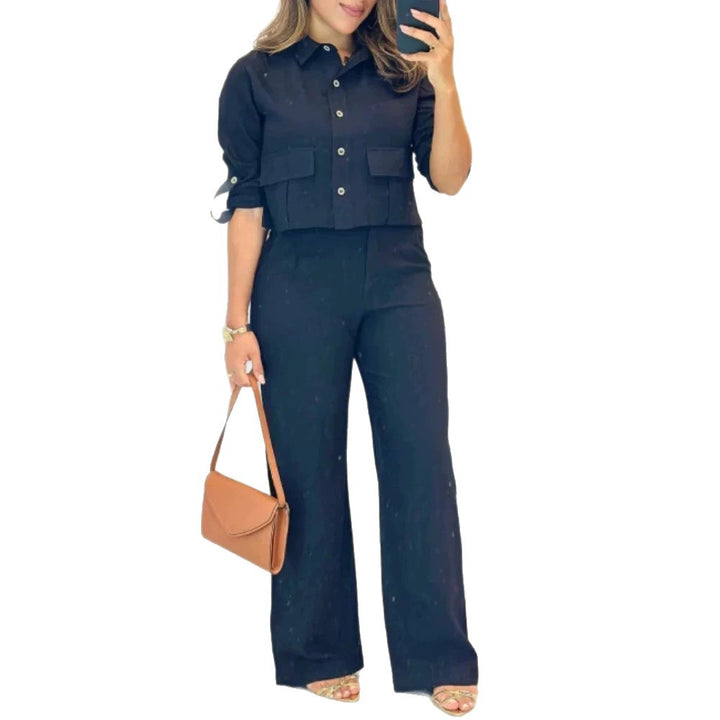 Damen Lässiges Zweiteiler-Set aus leichtem Stoff mit praktischen Taschen Drune