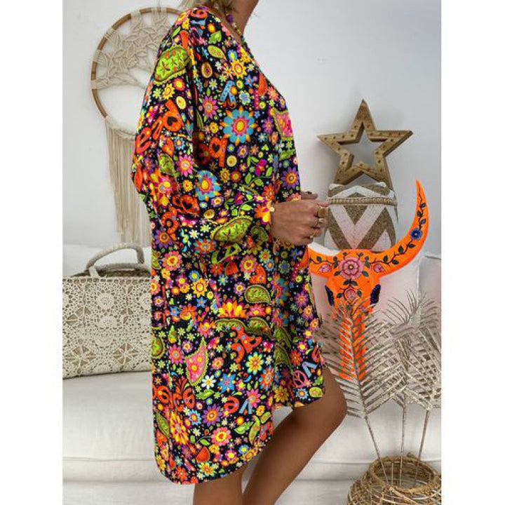 Damen Freizeitkleid mit buntem Blumenmuster und tiefem V-Ausschnitt Drune