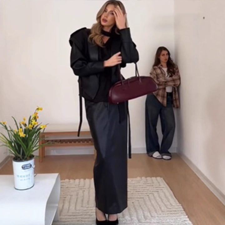 Damen elegante Kunstlederjacke mit voluminösen Ärmeln Drune