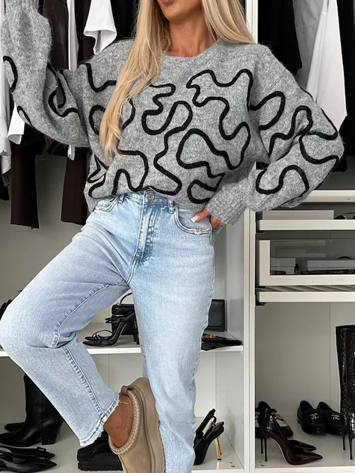 Damen gemütlicher Strickpullover mit künstlerischem Muster Drune