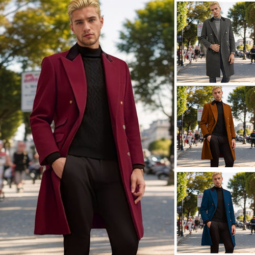 Herren moderner Urban-Mantel mit doppelter Knopfleiste und Samtkragen Drune