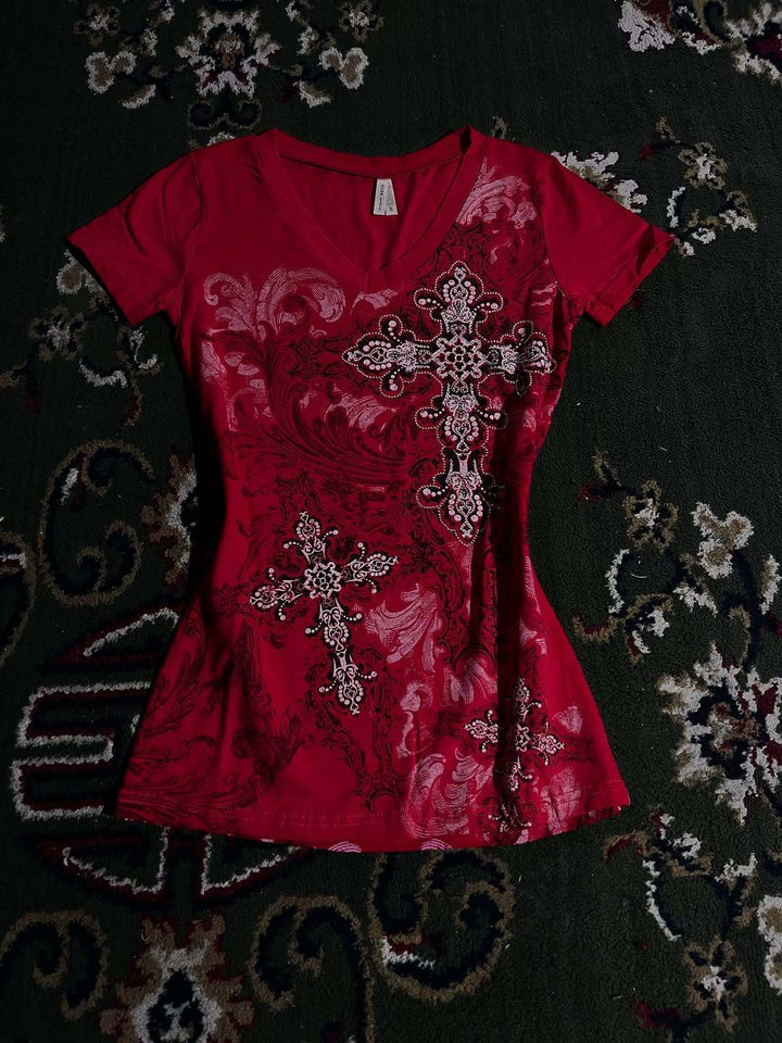 Damen T-Shirt mit dekorativem Kreuzdesign und floralen Akzenten Drune