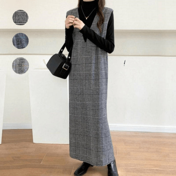Damen Maxikleid im modernen Karomuster und elegantem V-Ausschnitt Drune