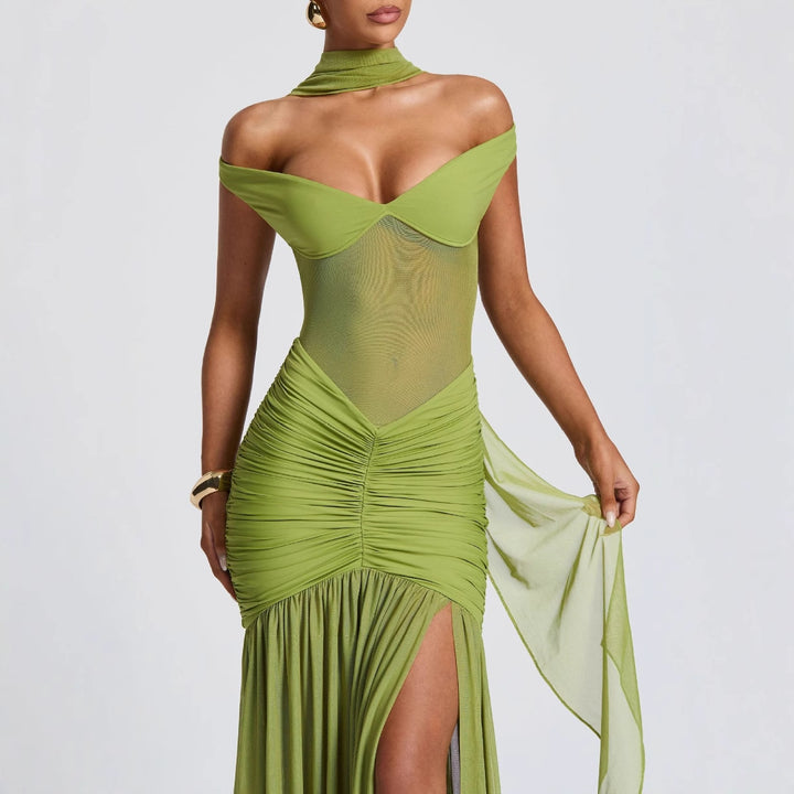 Damen Elegantes Maxikleid mit schulterfreiem Design und raffinierten Faltenwurf Drune