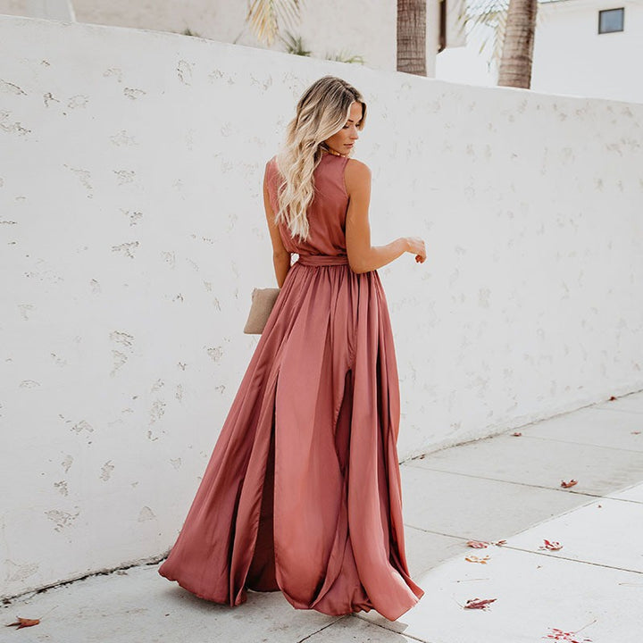 Damen Maxikleid mit hoher Teilung und elegantem Taillengürtel Drune