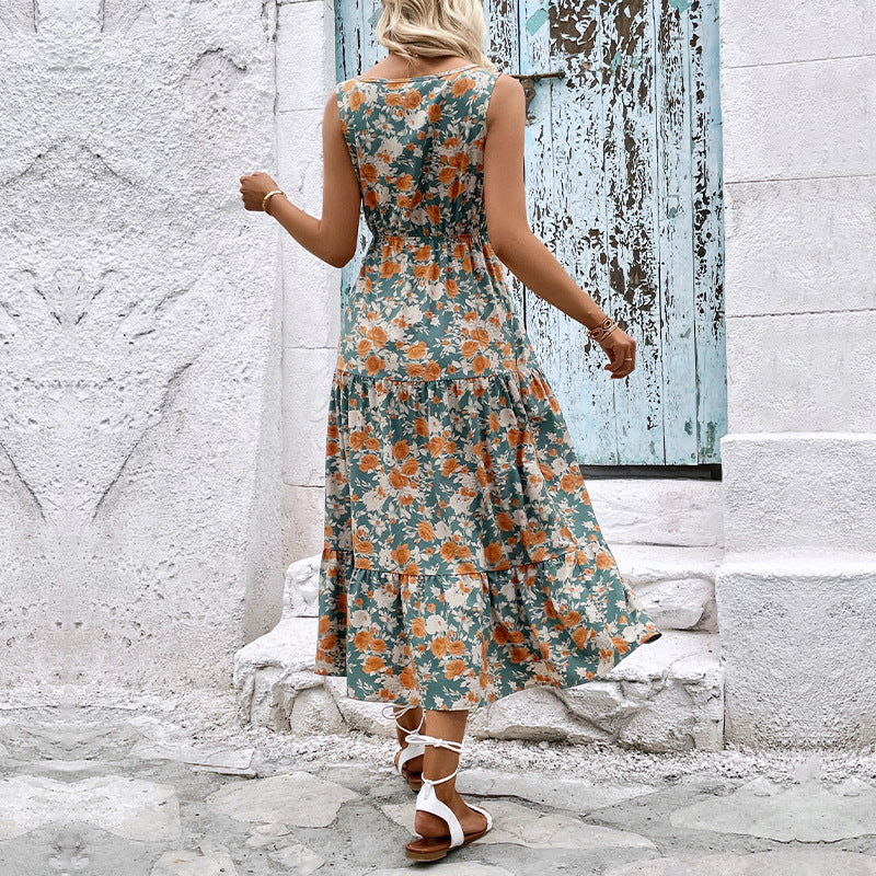 Damen Maxikleid mit floralem Design, elastischem Taillenzug und Rüschendetails Drune