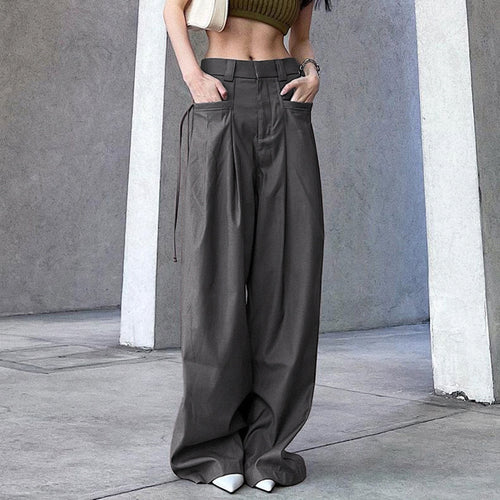 Damen nan hochtaillierte weite Bundfaltenhose mit Cargo‑Details, Gürtelschlaufen und geradem Beinschnitt Drune
