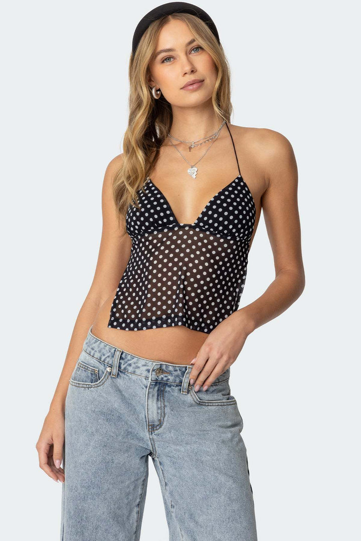 Damen Transparente Bluse mit Punktmuster und dehnten Trägern Drune