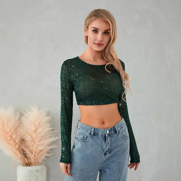 Damen Glitzerndes Crop-Top mit langen Ärmeln und figurbetontem Schnitt Drune