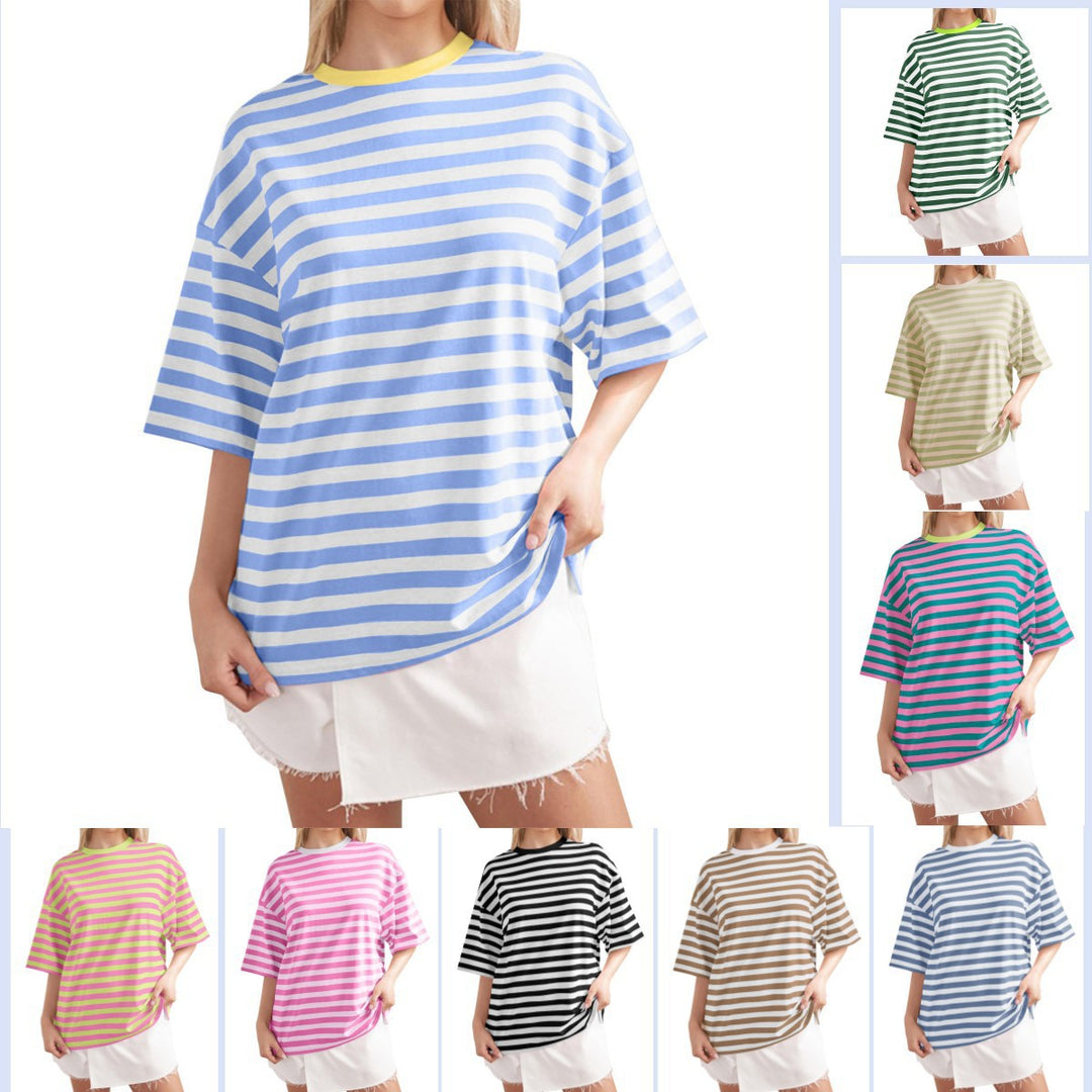 Damen Oversized gestreiftes T-Shirt mit Rundhalsausschnitt und kurzen Ärmeln Drune