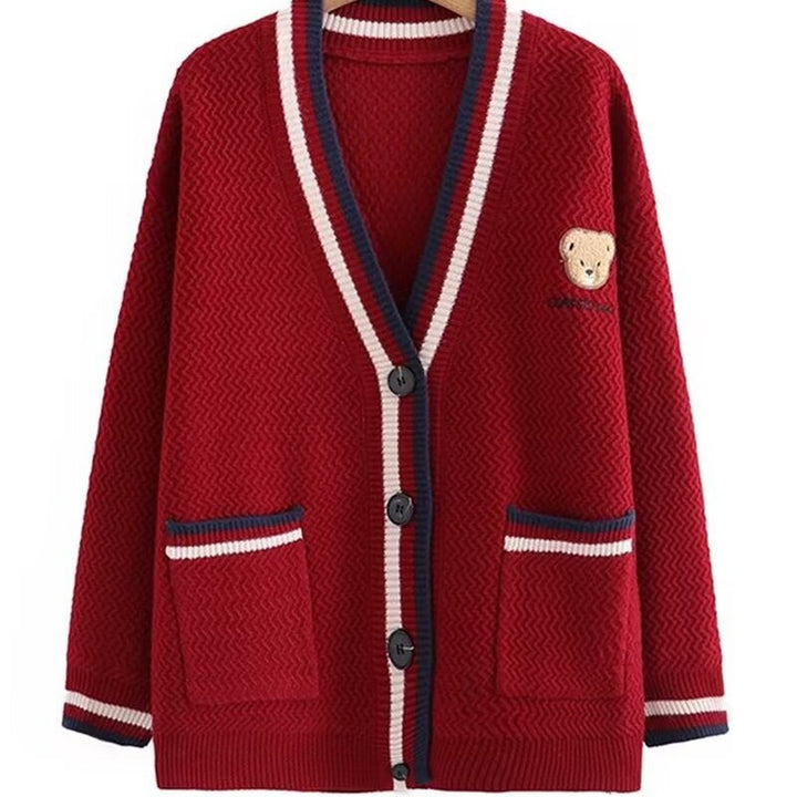 Damen Strickjacke mit Bärenmotiv und Kontraststreifen Drune