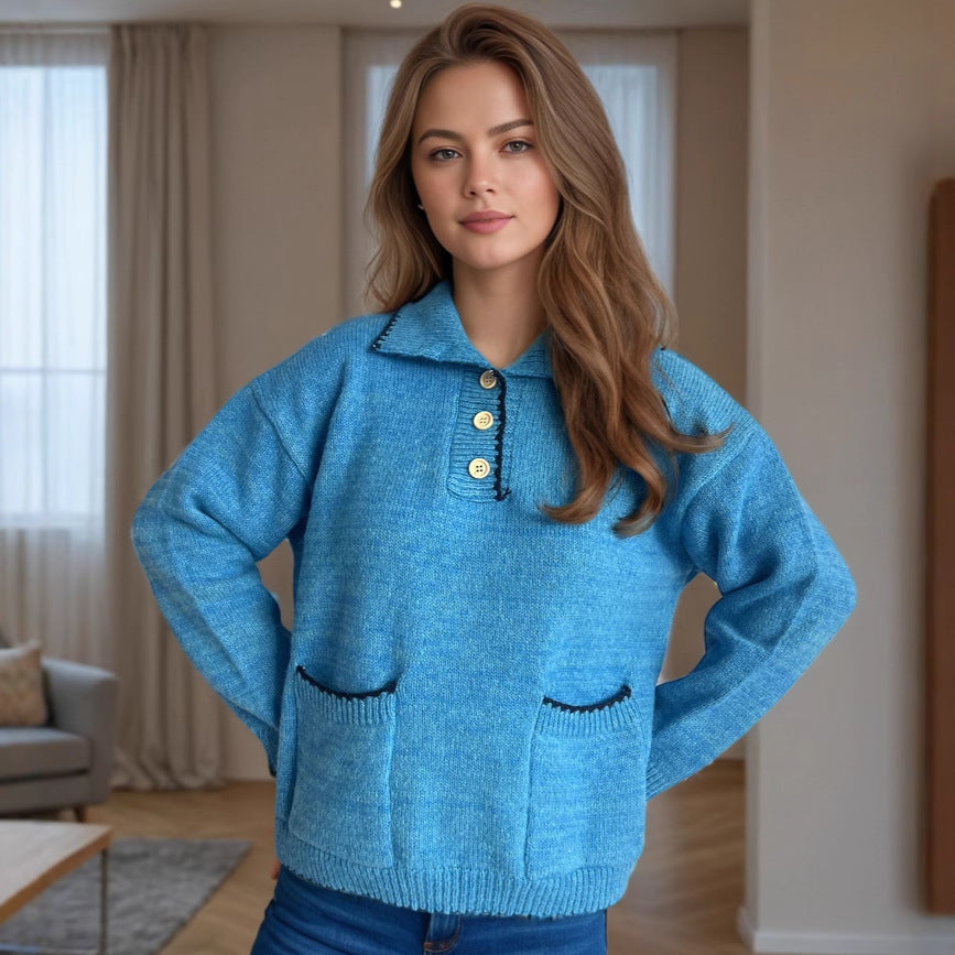 Damen Pullover mit kontrastierendem Kragen und dekorativen Knöpfen Drune