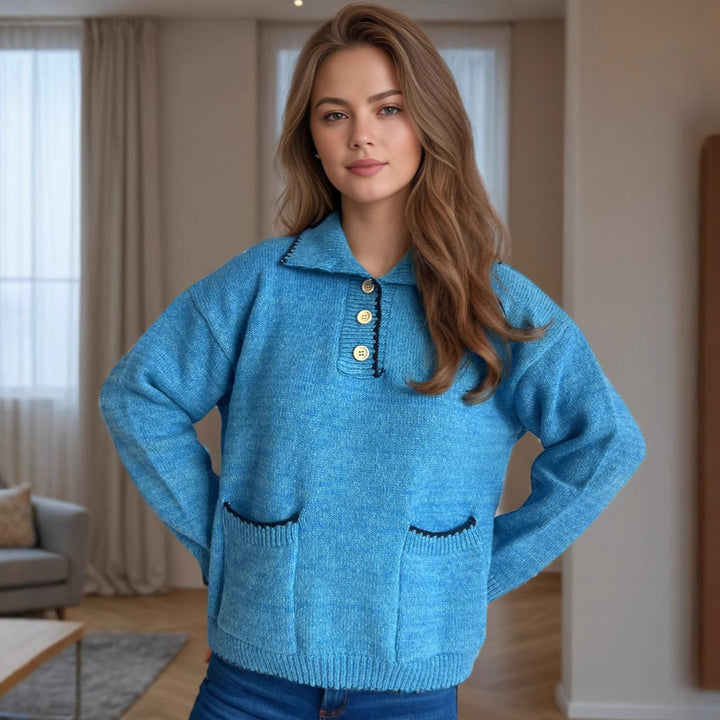 Damen lässiger Strickpullover mit Knopfleiste und aufgesetzten Taschen Drune